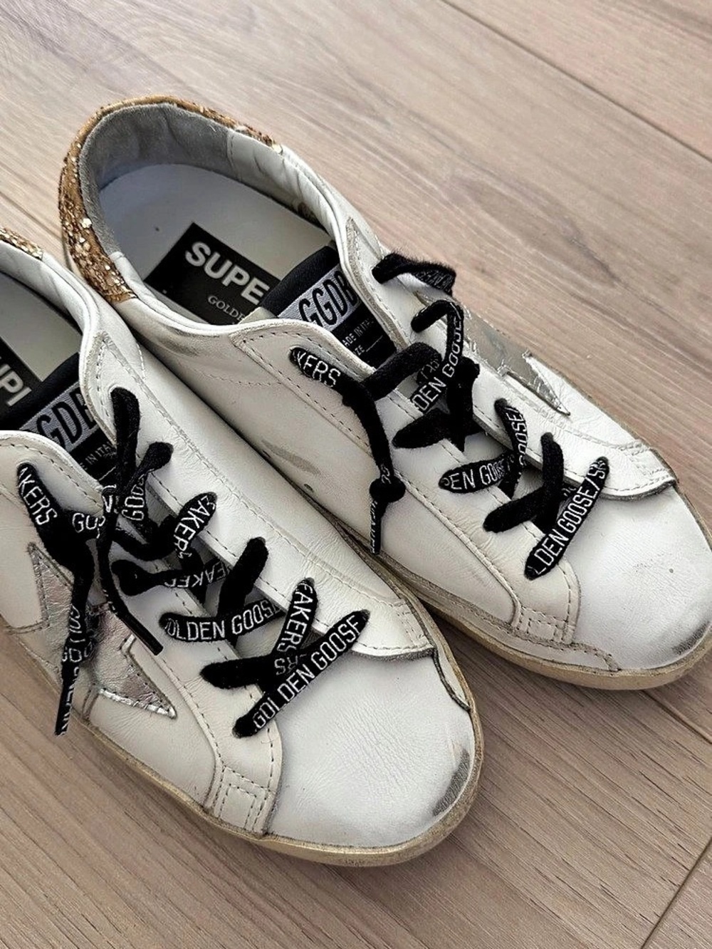 Golden Goose Super-Star Sneakers with Gold Glitter Heel Tab and Silver Star size